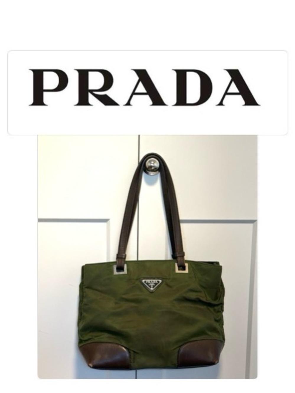 [Prada] Olive Green Nylon Shoulder Bag Handbag Purse Small Tote w/ Brown Leather - Picture 2 of 16